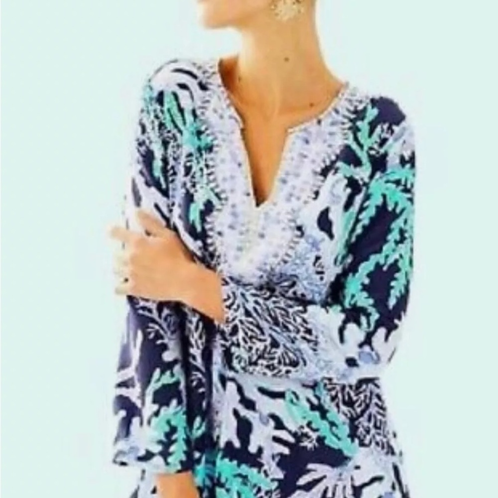 Lilly Pulitzer Renato SILK Tunic Blouse Top Embellished Navy Green White Beaded